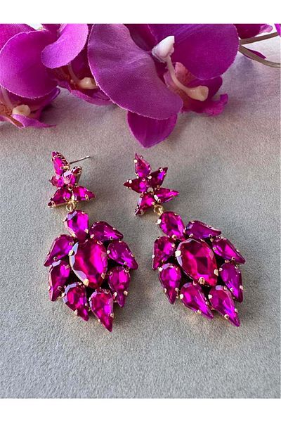 Pelin Aksesuar Fuchsia Glass Crystal Earrings
