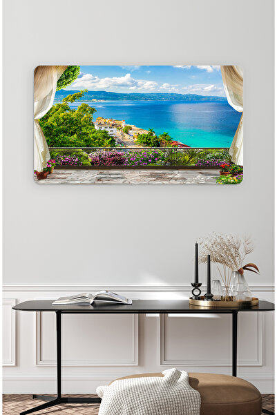 poster marketi Deniz Manzaralı Balkon Kendinden Yapışkanlı Duvar Kağıdı - Çiç...