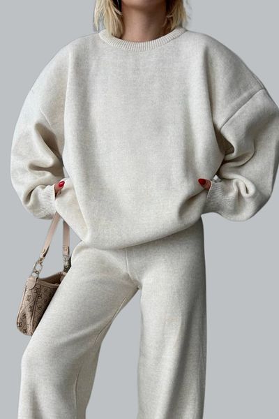 mefru Women's Solid Bottom Top Sweater Pants Basic Double Knitwear Set