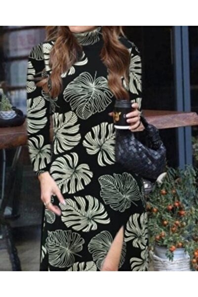 Genel Markalar BSMA Kadın Uzun Kollu Balıkçı Yaka Yırtmaçlı Krep Elbise