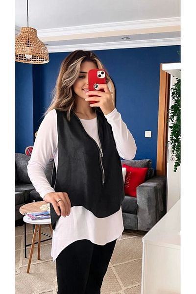 MODA Women's Long Sleeve Asymmetrical Cut Viscose Blouse and Cracked Leather Look Zipper Detailed Vest Double Jewelry