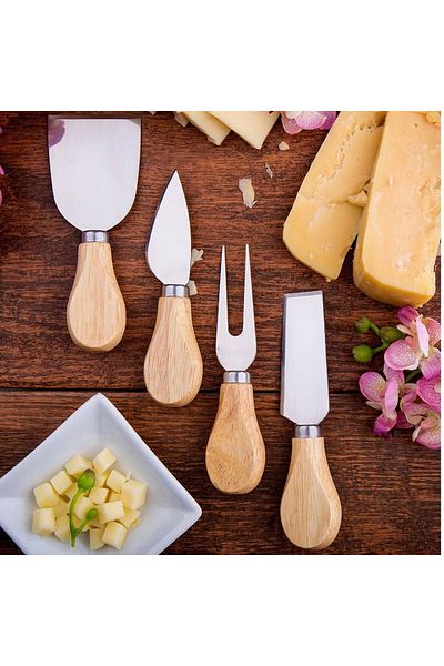 Neler Geldi Neler Set of 4 Bamboo Handle Steel Cheese Knife Set Fork Spatula Set, Presentation Set Breakfast Kitchen Knife Set
