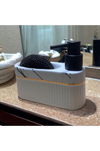 GUNES ZUCCACIYE Ceramic Liquid Soap Dispenser and Sponge Holder with Mien Press Hopper Black-White