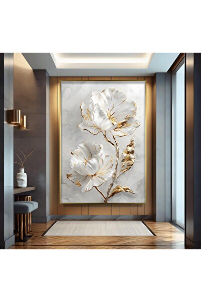 EMYA HOME Metal Çerçeveli Altın Çiçekler Cam Tablo