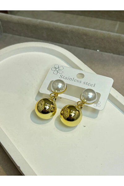 DAISYDAY Steel Pearl and Gold Ball Dangle Earrings
