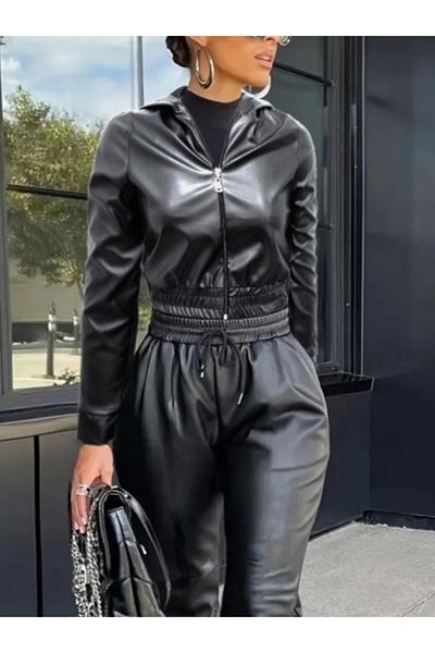 kiyemi Jachetă cu glugă cu mânecă lungă pentru femei, cu talie și pantaloni elastici, set din piele dublă