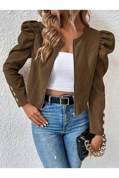 MODA Γυναικείο μακρυμάνικο σουέτ μπουφάν με φερμουάρ μπροστά