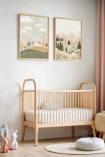 HİGUERA Set de 2 picturi peisaj natural și casă de basm pentru camera copiilor și camera bebelușului cu cadru din lemn natural