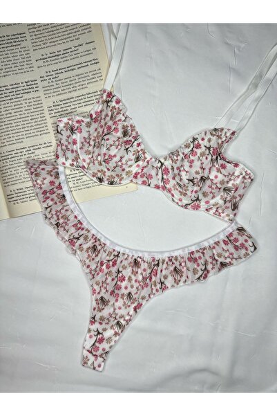 ROZENİN LINGERIE Ecru Ruffled Floral Patterned Transparent Romantic Bralet Set (Bra&Tanga)