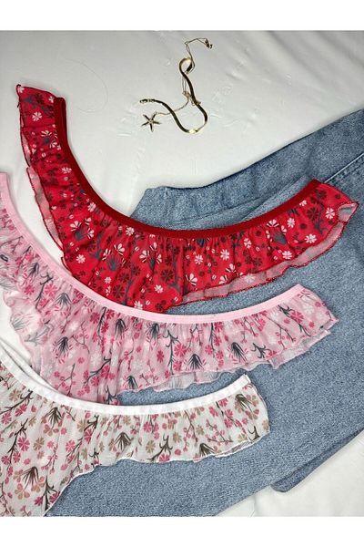 ROZENİN LINGERIE Set of 3 Ruffled Floral Patterned Thong