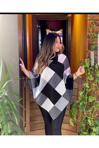 sportiness Women's Square Print Neckline Triangle Knitwear Poncho
