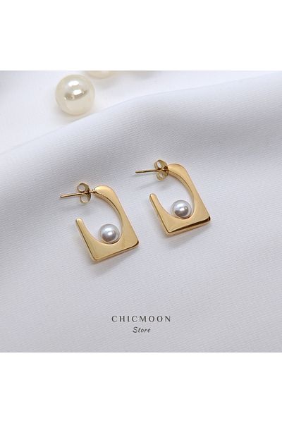 CHICMOON STORE Steel Gold Color Pearl Rectangular Earrings