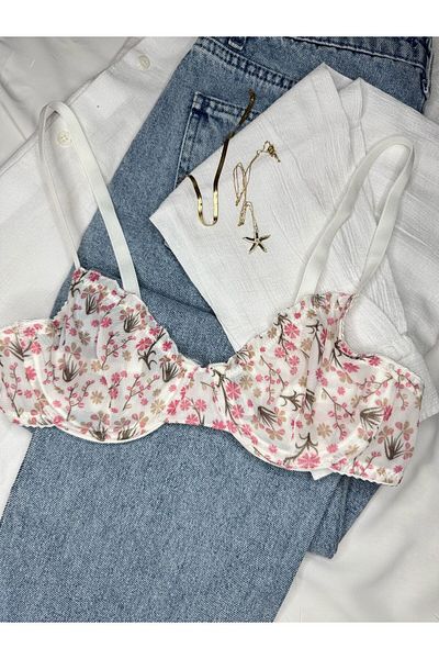 ROZENİN LINGERIE Ecru Ruffled Floral Patterned Bra