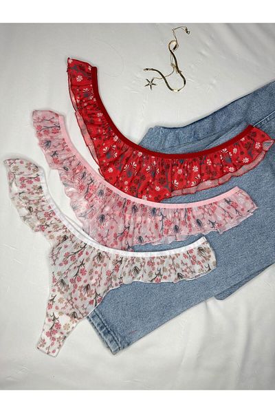 ROZENİN LINGERIE Set of 3 Ruffled Floral Patterned Thong