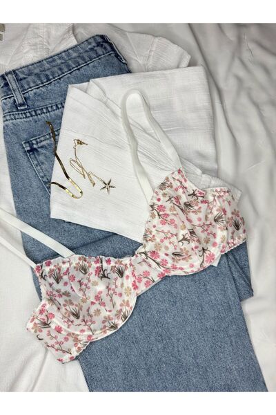 ROZENİN LINGERIE Ecru Ruffled Floral Patterned Bra