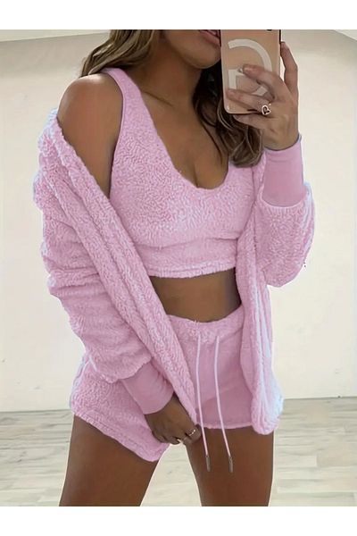 Vogueway Women's Strappy Plush Blouse, Shorts and Jacket Triple Set