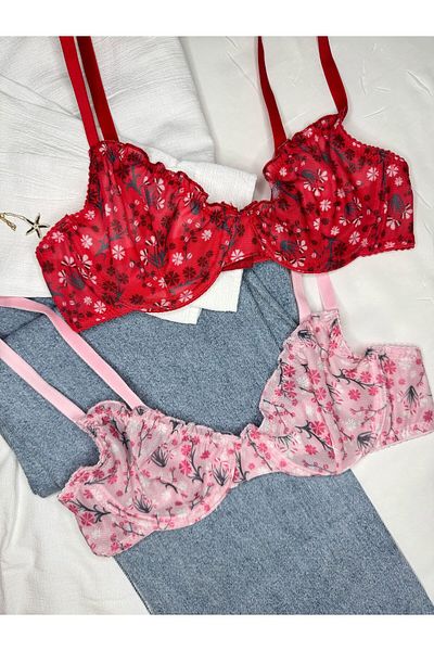 ROZENİN LINGERIE Set of 2 Ruffled Floral Patterned Bra