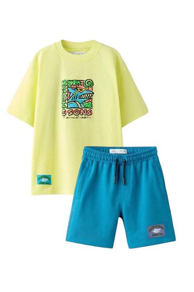 ZRA Vanilla Avenue Green Neon Băieți Tricou din bumbac imprimat Pantaloni scurți Set de jos
