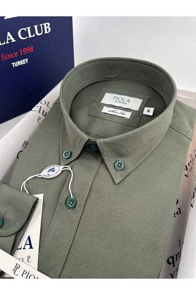 Piola Club Ανδρικό πουκάμισο Gabardine Slim Fit - Πέτο χωρίς τσέπη και λεπτομέρεια με κουμπιά (χακί)