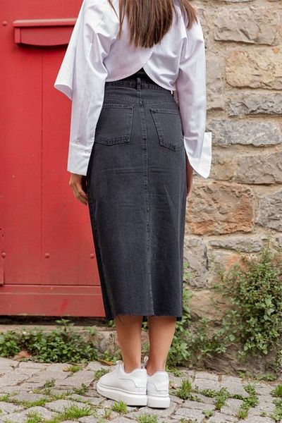 Viyamo New Season Women's High Waist Front Slit Midi Denim Skirt with Pockets