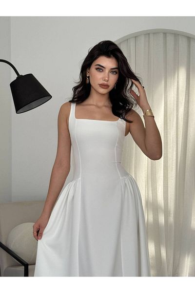 Afiş Butik Λευκό Πλισέ Χοντρό Μακρύ Φόρεμα Κορσάζ