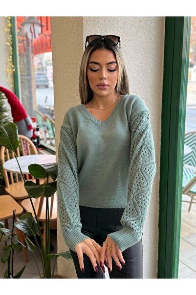 MODA Women's Long Sleeve V-Neck Sleeve Hollowed Out Diamond Pattern Detailed ...