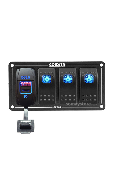 Somay Store 3 Anahtarlı Switch Panel Slim Model Usb 3.0 Type-c Soketli Mavi I...