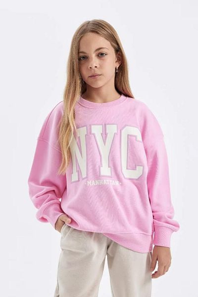 DeFacto Σχολικό φούτερ για κορίτσια ροζ Oversize Wide Fit Crew Neck με στάμπα C7778a824au
