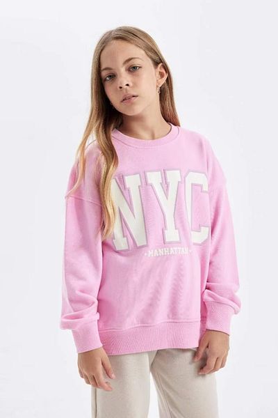 DeFacto Σχολικό φούτερ για κορίτσια ροζ Oversize Wide Fit Crew Neck με στάμπα C7778a824au
