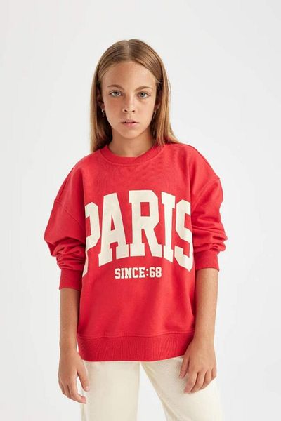 DeFacto Girl's Red Relax Fit Crew Neck Printed School Sweatshirt C6868A824Au