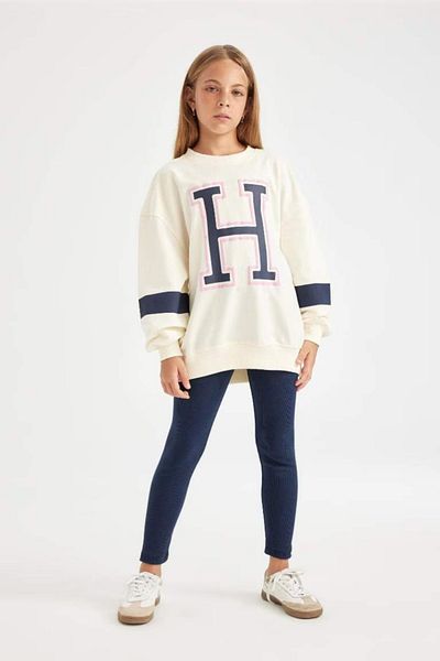 DeFacto Printed Sweatshirt and Long Plain Leggings for Girls - Set of 2 C6869A824Au
