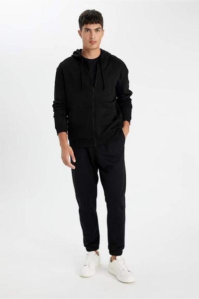 DeFacto Schwarze Herren-Sweatshirt-Strickjacke aus dicker Baumwolle mit Kapuze, weichem Pelz und Reißverschluss