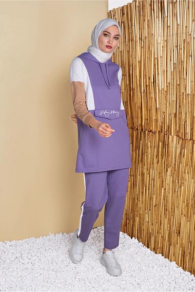 TRENDTESETTÜR Purple Text Detailed Two-Pants Women's Tracksuit Set - 4555