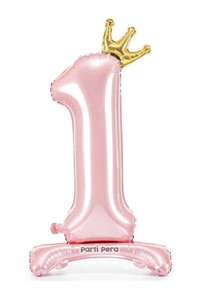 parti pera 1 Yaş Ayaklı Taçlı Pembe Rakam Folyo Balon 76 cm