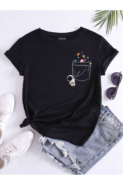coolart Tricou Pocket Astronaut - Negru cu imprimeu, supradimensionat, de var...