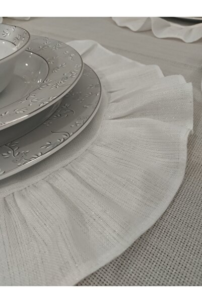 AHSERHOME 6'lı Fırfırlı Keten Görünümlü Simli Gardenya Ekru Amerikan Servisi ...