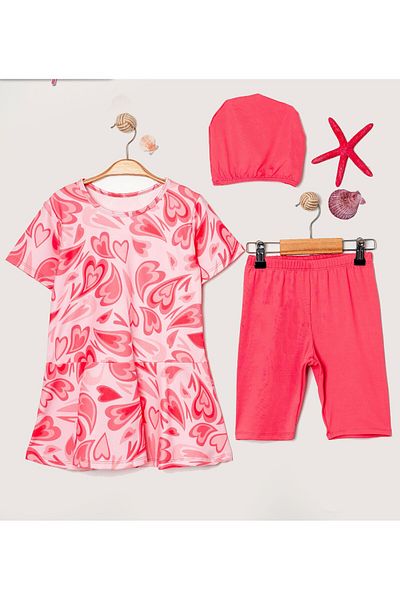 Modomood Girls' Top, Bonnet, Leggings 3-Piece Marbling Heart Hijab Sea Pool Swimsuit Set
