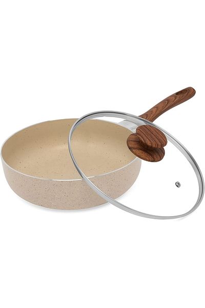 Trust Pro Non Stick Fry Pan with Lid and 2 Layered Aluminium Coating, 26 cm, Cream