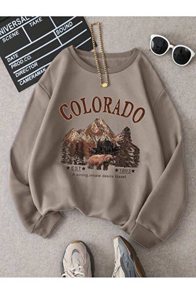 Mythologie Colorado Winter Sweatshirt - Beige Printed Oversize Crew Neck