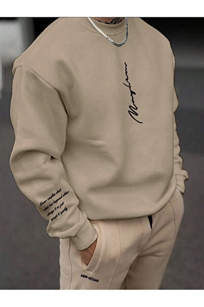 Mythologie Written Sleeve Detail Thick Winter Sweatshirt - Beige Printed Over...