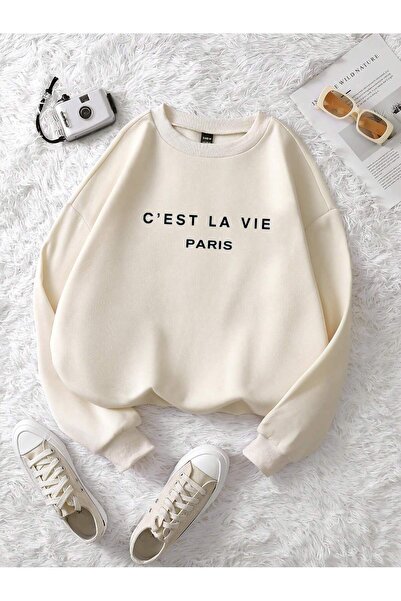Mythologie Cest La Vie Paris Thick Winter Sweatshirt - Beige Printed Oversize...