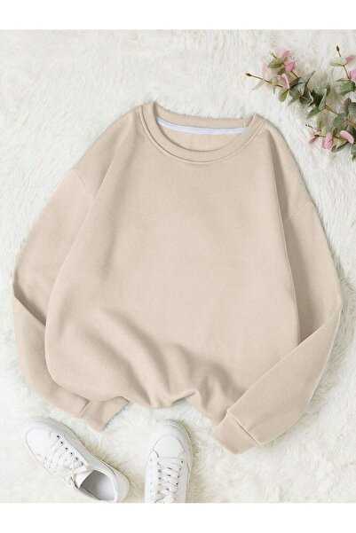 Mythologie Unprinted Thick Winter Sweatshirt - Beige Oversized Ribbed Crew Neck
