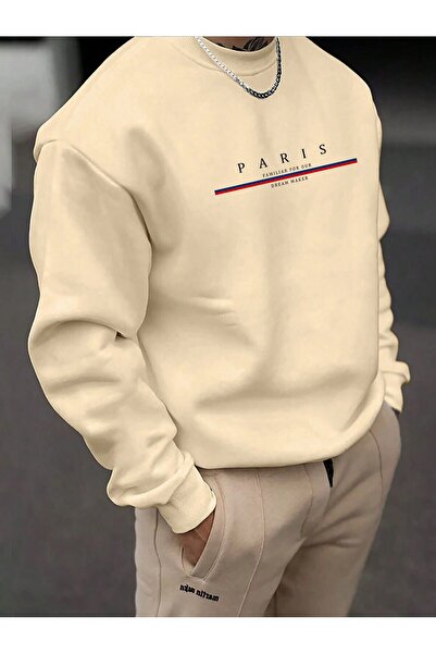Mythologie Paris Stripe Thick Winter Sweatshirt - Beige Printed Oversized Cre...