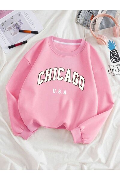 Mythologie Chicago U.S.A Thick Winter Sweatshirt - Pink Printed Oversized Cre...