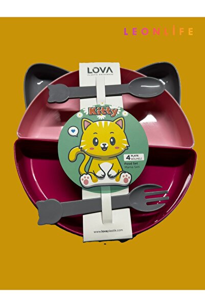 Lova طبق طعام للقطط من ليون لايف مكون من 4 أقسام وملعقة شوكة خالية من مادة BPA (وردي-أرجواني)