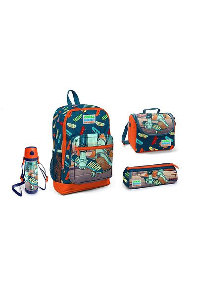 Coral High Orange Kay Kay Patterned Lunch School Bag Pen Holder Water Bottle