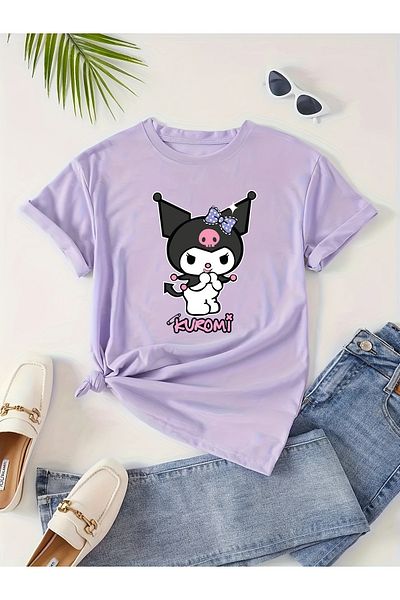 Let's Wear Тениска с кръгло деколте с розов текст Kuromi за момичета