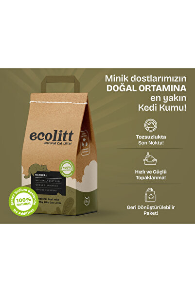 Ecolitt Cat Litter Ecolitt Kraft Pakette Tozsuz ve Topaklanan Kahverengi Bent...
