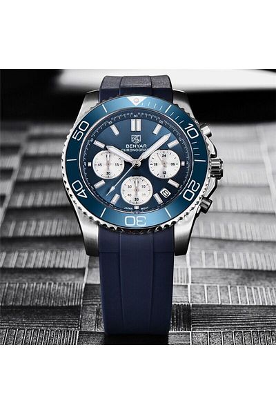Benyar BY S002 Chronograph Sport Watch, Sapphire Glass, Luxury Blue, 42MM Stainless Steel Quartz