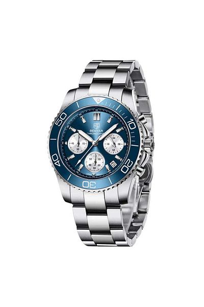 Benyar BY S002 Chronograph Sport Watch, Sapphire Glass, Luxury Blue Steel, 42MM Stainless Steel